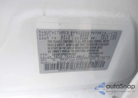 2019 Nissan Sentra S из США, поврежденный, VIN 3N1AB7AP8KY449537